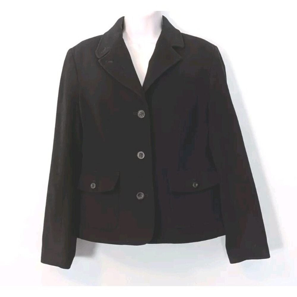 LL Bean Wool Blend Coat Button Up Jacket Women's Medium Black Pockets Lined